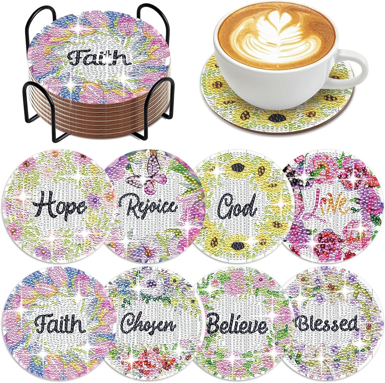 8 Pcs Flower Diamond Art Coasters with Holder DIY Bible Verse Diamond Painting Kits for Beginners Adults Craft Supplies Gift